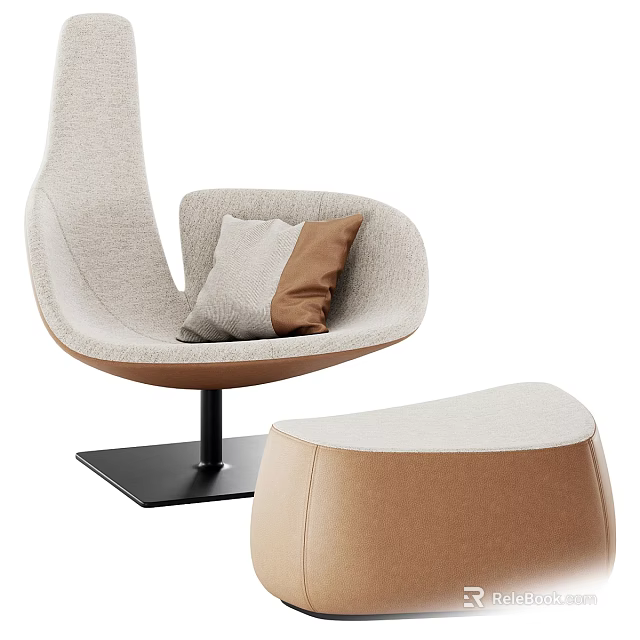 Stylish Light Beige Upholstered Accent Chair With Gray Brown Pillows And Matching Ottoman 3d model 