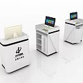 Public Facility Service Desks With White Design Colorful Striped Panels And Circular Logos