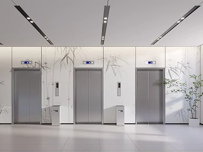 Modern Elevator Corridor Interior Design With Sleek Metal Doors And Recessed Lighting Fixtures 3d model