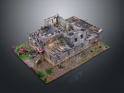 Desolate Ruined Building Landscape With Burned Roof Broken Walls And Green Plants 3d model