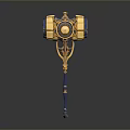 Ornate Golden And Blue Hammer Weapon With Circular Decorative Head And Intricate Handle Structure