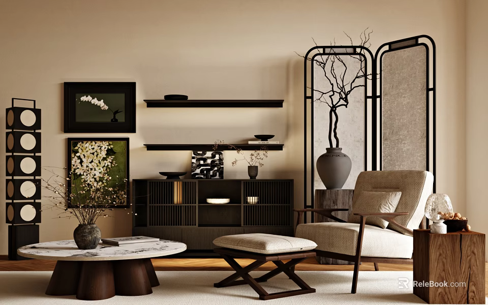 Cozy Accent Chair In Japanese Inspired Living Room With Decorative Vase And Floating Shelves 3d model 