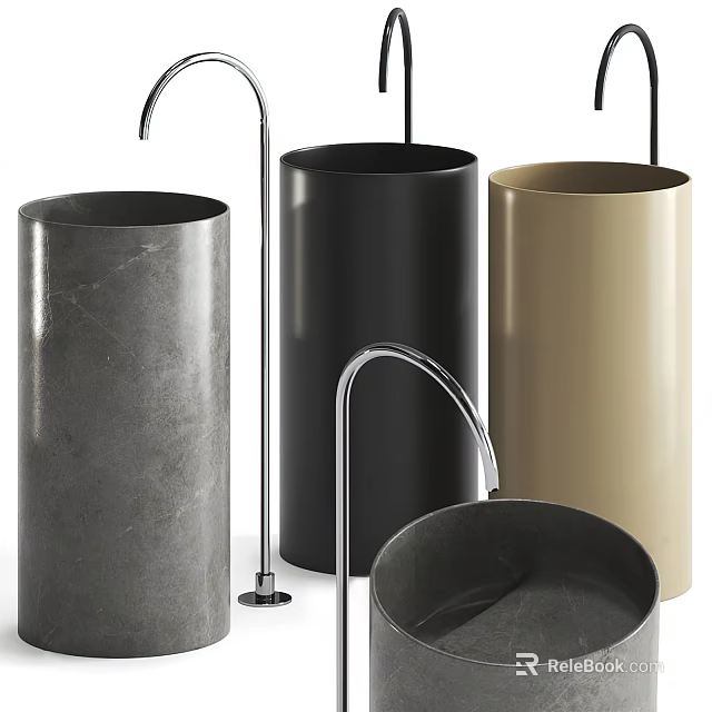 Modern Cylindrical Washbasins in Gray Black and Beige with Curved Faucets 3d model 