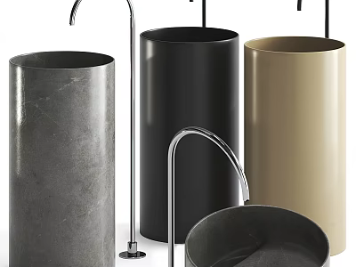 Modern Cylindrical Washbasins in Gray Black and Beige with Curved Faucets 3d model