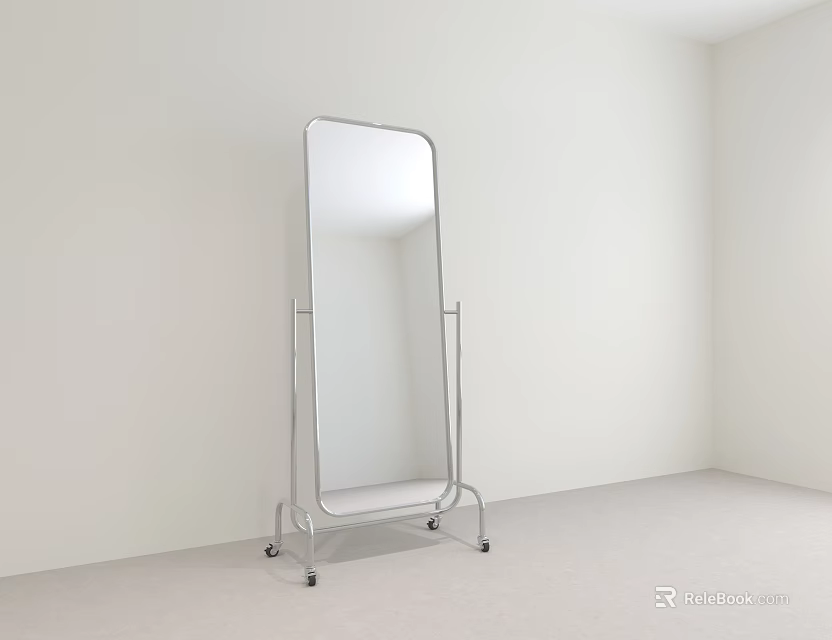 Full Length Standing Mirror with Metal Frame on Wheels in Minimalist Room 3d model 