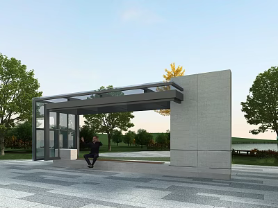 Modern Pergola With Glass Roof Bench Seating And Green Trees In Outdoor Park 3d model