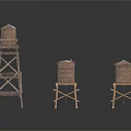 Three Wooden Water Tower Models With Different Sizes And Wooden Frames 3d model