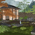 Japanese Style Garden Courtyard With Red Maple Tree Gazebo Stone Features And Water Pond