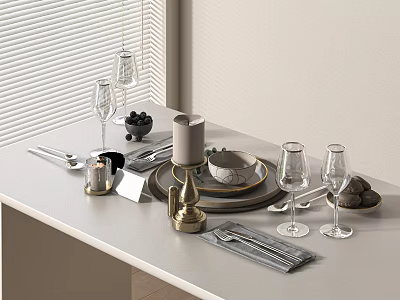 Elegant Table Setting With Dinnerware Set Glasses And Candle 3d model
