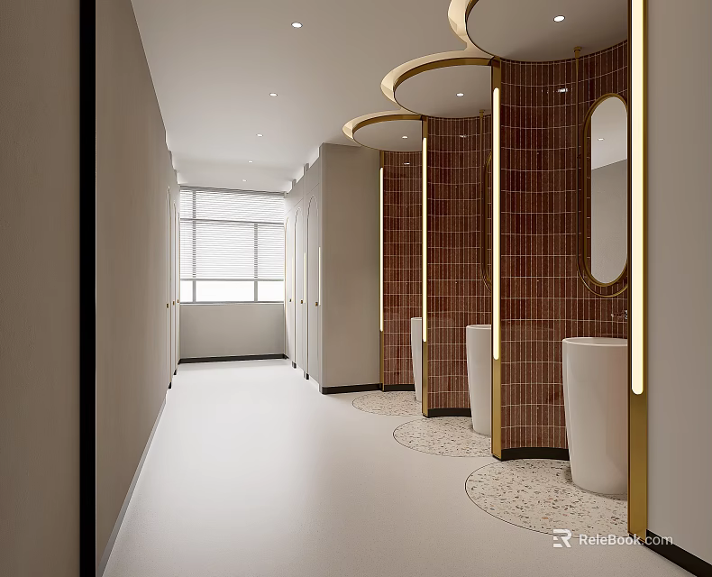 Modern Public Restroom Interior With Red Tile Walls Round Mirrors And White Washbasins 3d model 
