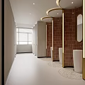 Modern Public Restroom Interior With Red Tile Walls Round Mirrors And White Washbasins