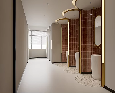 Modern Public Restroom Interior With Red Tile Walls Round Mirrors And White Washbasins 3d model