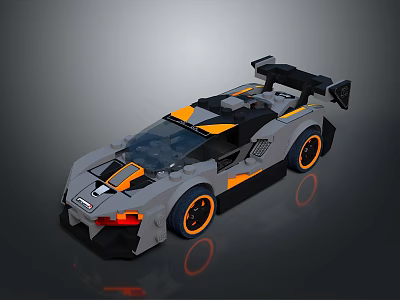 Gray And Orange Lego Style Sports Car With Rear Spoiler And Racing Wheels 3d model