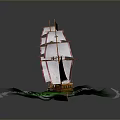 Detailed Wooden Pirate Ship Model With White Sails Black Skull Flag And Green Glowing Base