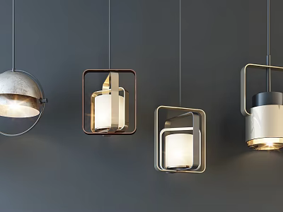 Modern Pendant Lights With Various Metal Frame Designs And White Shades 3d model