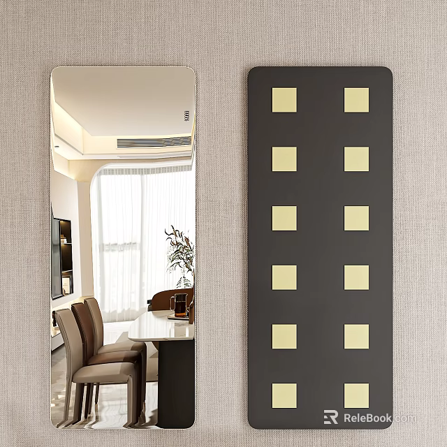 Elegant Wall Mirror Reflecting Modern Interior With Dining Table Chairs Window And Plant 3d model