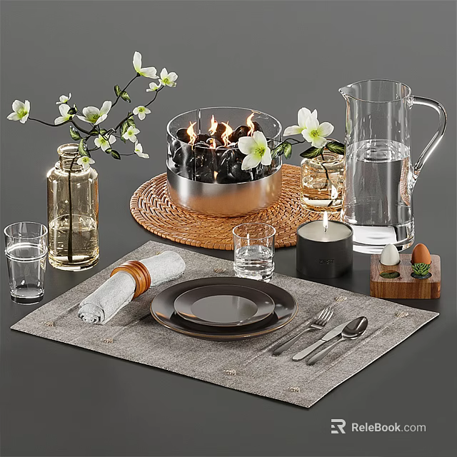 Stylish Tableware Set With Plates Forks Knives Spoons Napkin Water Glass Candle Holder And Flowers 3d model 