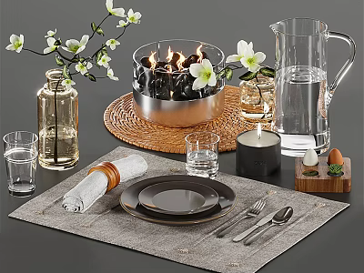 Stylish Tableware Set With Plates Forks Knives Spoons Napkin Water Glass Candle Holder And Flowers 3d model