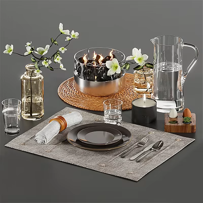 Stylish Tableware Set With Plates Forks Knives Spoons Napkin Water Glass Candle Holder And Flowers 3d model