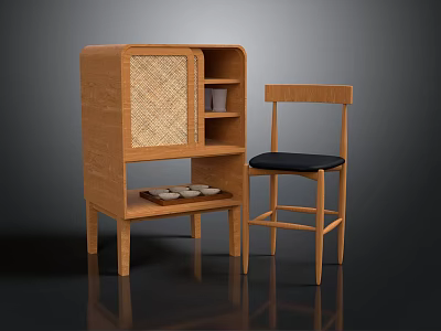 Minimalist Modern Wooden Desk and Chair Set With Rattan Panel and Black Cushion 3d model