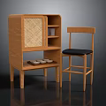 Minimalist Modern Wooden Desk and Chair Set With Rattan Panel and Black Cushion