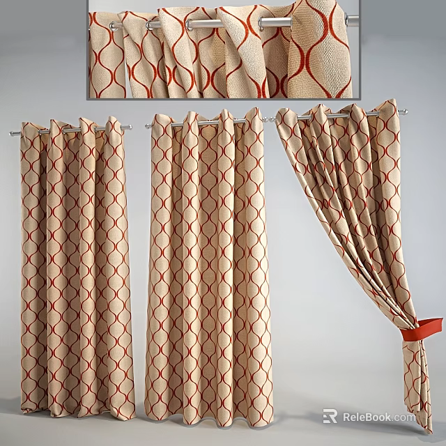 Beige Curtains With Red Geometric Pattern Tied With Red Ribbon For Home Decor 3d model 