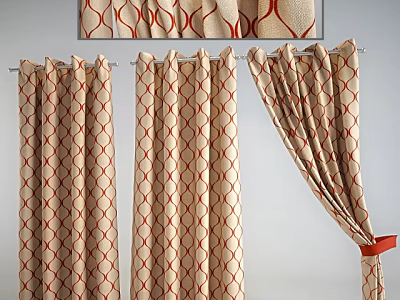 Beige Curtains With Red Geometric Pattern Tied With Red Ribbon For Home Decor 3d model