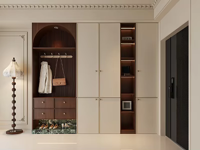 Modern Wooden And White Shoe Cabinet With Hanging Rack Drawers And Display Shelves 3d model