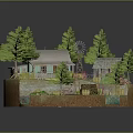 Rustic Log Cabin In Natural Setting With Pine Trees Windmill Stream And Wooden Bridge