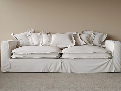 Luxurious Double Bed With White Bedding Multiple Pillows Beige Wall And Light Gray Carpet 3d model