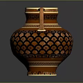 Ancient Greek Vase With Double Handles Orange Black Geometric Patterns And Gold Trim