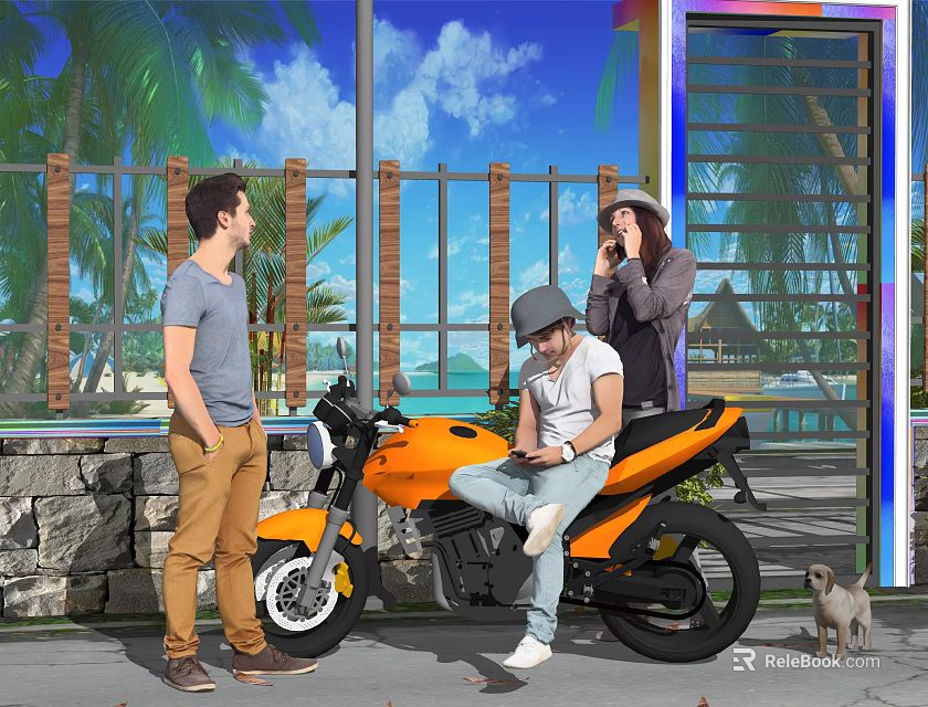 Three People Near Motorcycle With Dog In Outdoor Scene 3d model 