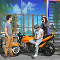 Three People Near Motorcycle With Dog In Outdoor Scene