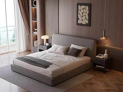 Modern Bedroom Interior With Platform Bed Wooden Walls Abstract Wall Art And Large Windows 3d model