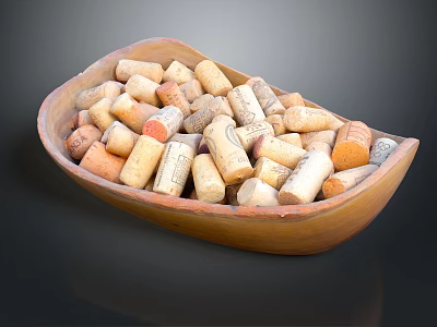 Assorted Wine Corks Collected In Wooden Bowl For Decorative Use 3d model