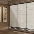 Beige Linen Window Curtains With Striped Design For Living Room Wooden Wall And Decorative Paintings