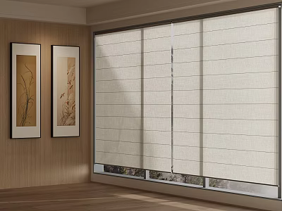 Beige Linen Window Curtains With Striped Design For Living Room Wooden Wall And Decorative Paintings 3d model