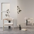 Modern Beige Upholstered Armrest Dining Chairs in Minimalist Interior With Green Plants and Grey Floor