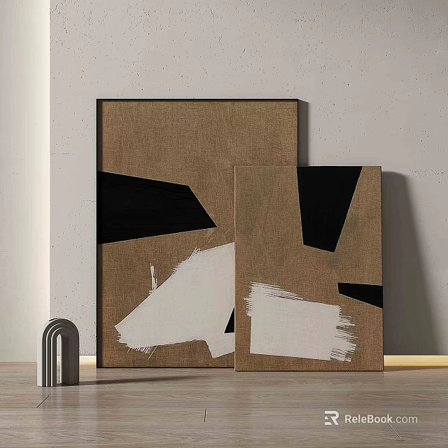 Two Abstract Paintings with Brown Background Black White Geometric Shapes and Brush Strokes 3d model 