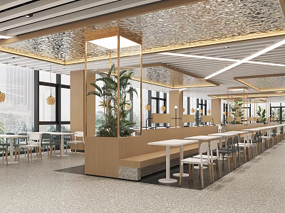 Modern Restaurant Interior With Open Layout Wooden Benches White Tables And Green Plants 3d model