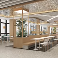 Modern Restaurant Interior With Open Layout Wooden Benches White Tables And Green Plants
