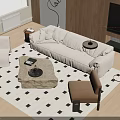 Modern Living Room Plush Sofa And Coffee Table Set With Stone Top And Geometric Rug