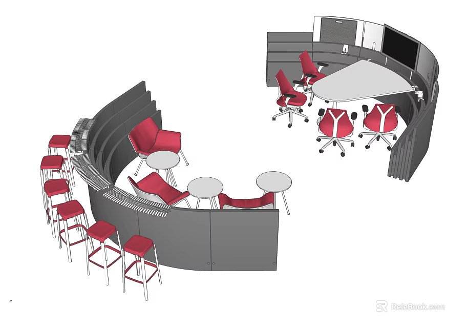 Modern Round Conference Table With Red Chairs Curved Partitions And Display Screen In Meeting Room 3d model 