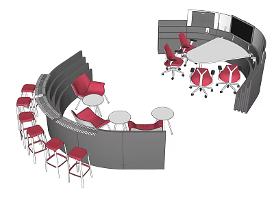 Modern Round Conference Table With Red Chairs Curved Partitions And Display Screen In Meeting Room 3d model