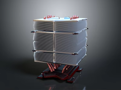 Multi Layered Heating Radiator with Metallic Frame Red Brackets and White Fins 3d model