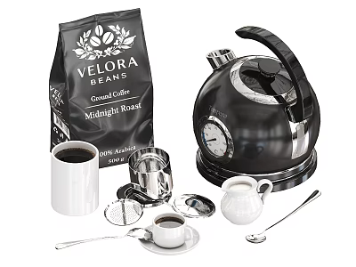 Coffee Tableware Set With Electric Kettle Coffee Beans Bag Mugs Milk Jug And Spoons 3d model