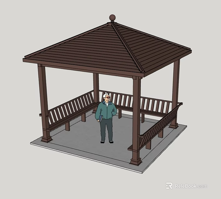 Wooden Gazebo Structure With Brown Roof And Benches Where Person Stands Inside 3d model 