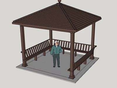 Wooden Gazebo Structure With Brown Roof And Benches Where Person Stands Inside 3d model