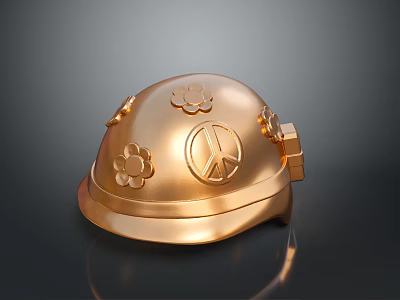 Elegant Golden Weapon Helmet Adorned With Peace Symbol And Floral Designs 3d model