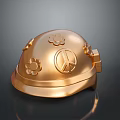 Elegant Golden Weapon Helmet Adorned With Peace Symbol And Floral Designs